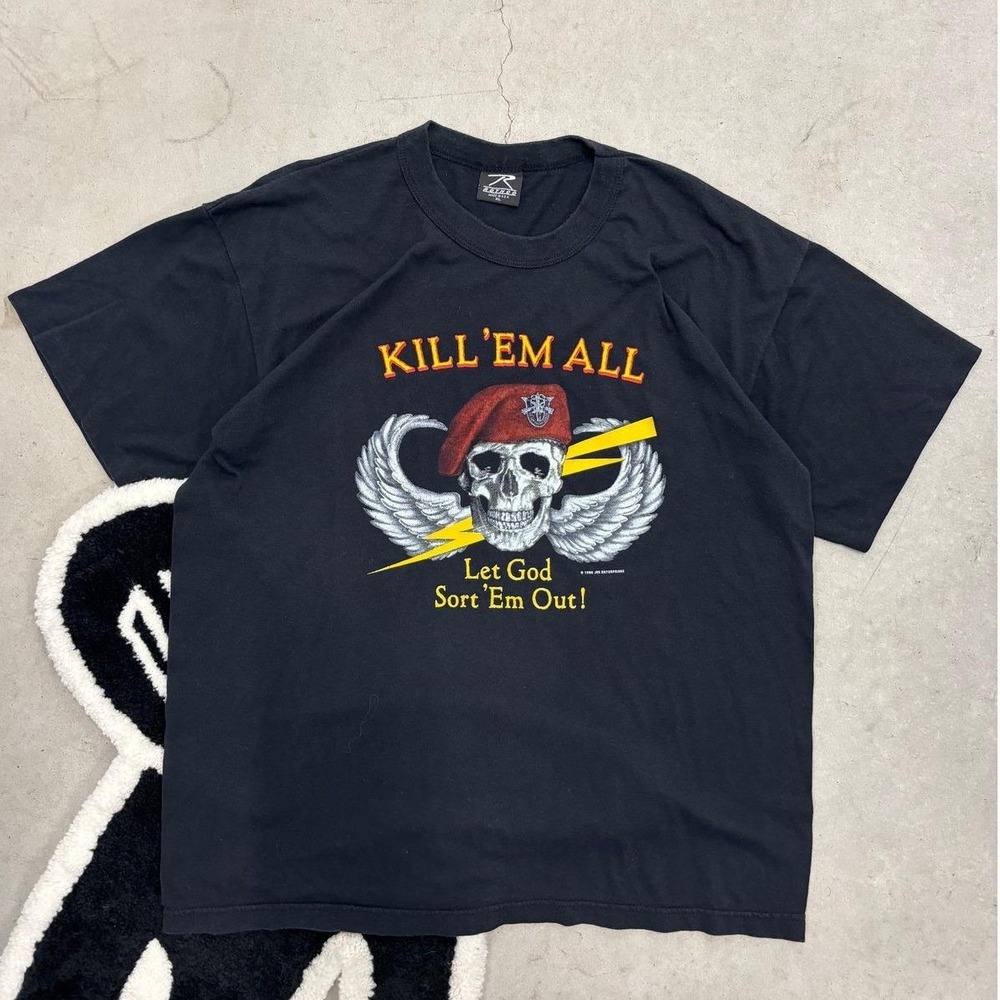 Vintage 1986 Rothco Kill Em All Let God Sort Em Out T-Shirt Black XL USA Made